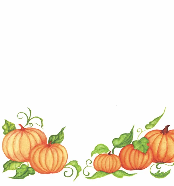 orange pumpkins with green leaves hand-painted in watercolor. Vegetables, autumn harvest. Halloween autumn illustration with copy space for your text.