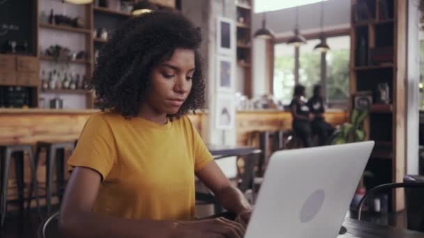 在咖啡店的笔记本电脑上工作的年轻妇女 — 图库视频影像