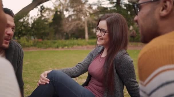 Портрет красивой улыбающейся молодой женщины, сидящей вместе со своими многонациональными друзьями, наслаждающимися в парке — стоковое видео