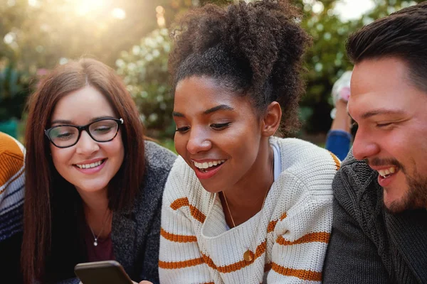 Retrato de una joven afroamericana sonriente con sus amigos mirando el teléfono móvil en el parque - resplandor de sol caliente en la lente — Foto de Stock