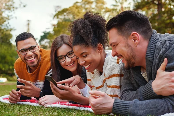 Groupe mixte souriant d'amis couchés ensemble sur l'herbe verte à l'aide d'un téléphone portable dans le parc amis ayant un pique-nique — Photo