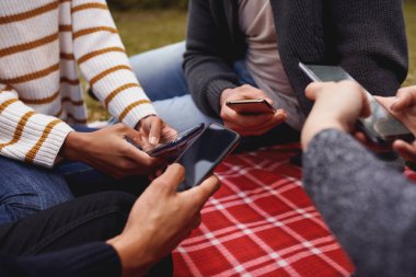 Akıllı telefonları kullanarak battaniye üzerinde daire içinde birlikte oturan genç çok ırklı arkadaş grubu