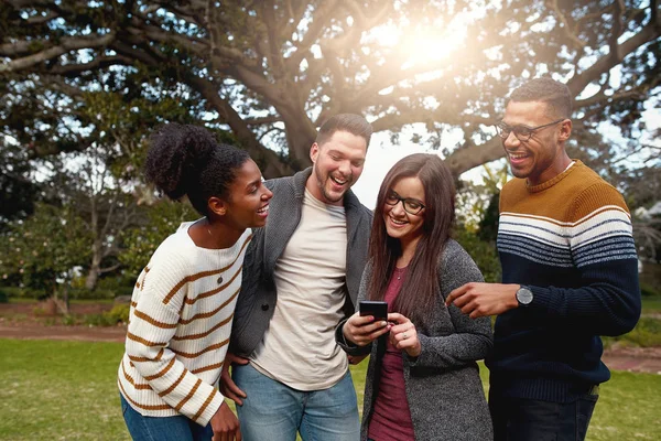 Diverso gruppo di amici felici in piedi insieme ridendo e guardando smart phone nel parco vestito molto alla moda — Foto Stock