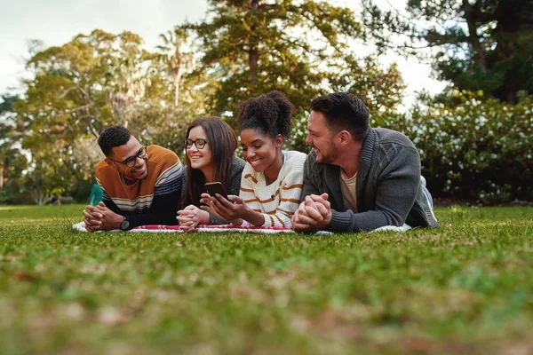 Sonriente estudiante afroamericana joven mostrando algo interesante a sus amigos acostados juntos en una manta sobre la hierba verde en el parque —  Fotos de Stock