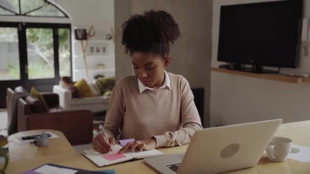 Você mulher africana americana freelancer trabalhando em casa no laptop durante o confinamento — Vídeo de Stock