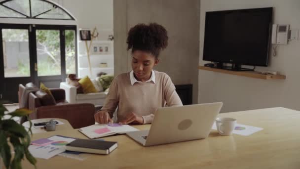 Nagyítás felvétel egy afro-amerikai fiatal nőről, aki az asztalánál dolgozik otthonról, mosolyog és kamerába néz — Stock videók