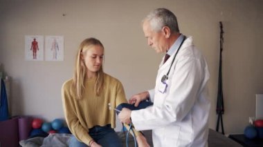 Modern klinikte basınç göstergesi kullanarak genç kadın hastanın tansiyonunu ölçen profesyonel bir erkek doktor.