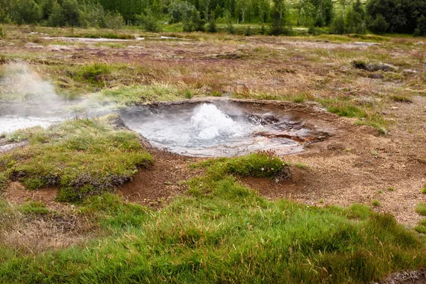 Pequeña Erupción Geysir Área Geotérmica Europa Islandia Imagen de archivo