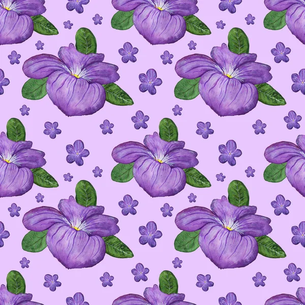 seamless pattern with blooming purple flowers with green leaves on purple background