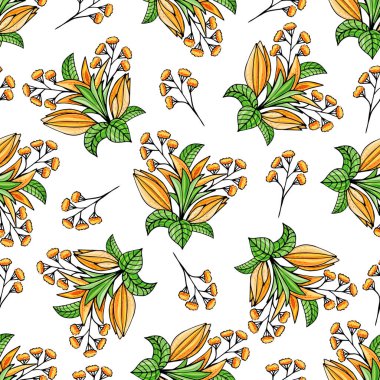 Beyaz arka planda lilyum renkli buketleri ile Dikişsiz desen 