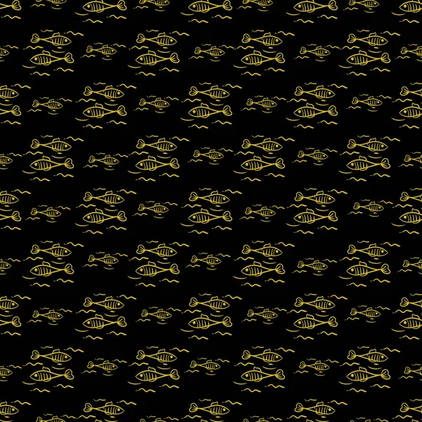 无缝图案与简约的鱼剪影在黑色背景 — 图库矢量图片