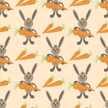 Pastel bej arka plan üzerinde karikatür tavşan ve havuç ile Dikişsiz desen