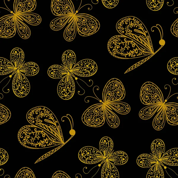 Seamless Pattern Golden Elegant Filigree Butterflies Black Background — Stock Vector