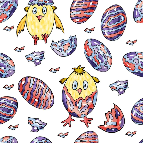 Modèle Sans Couture Avec Des Œufs Des Poulets Dessin Animé — Image vectorielle