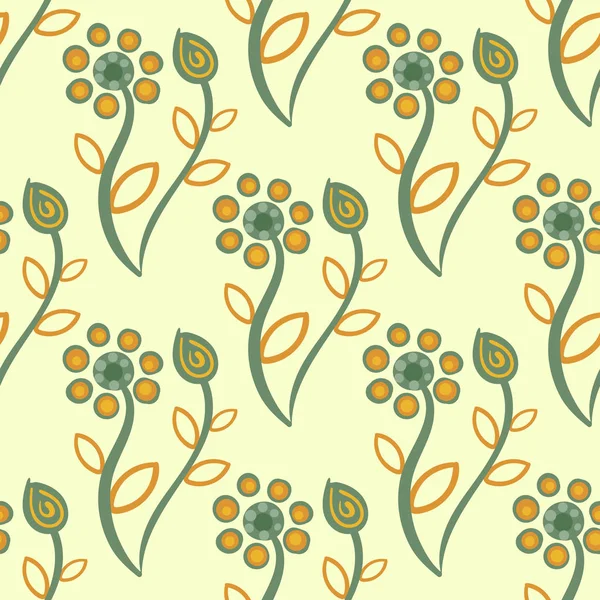 Nahtloses Muster Mit Blühenden Grünen Blumen Auf Pastellgelbem Hintergrund — Stockvektor