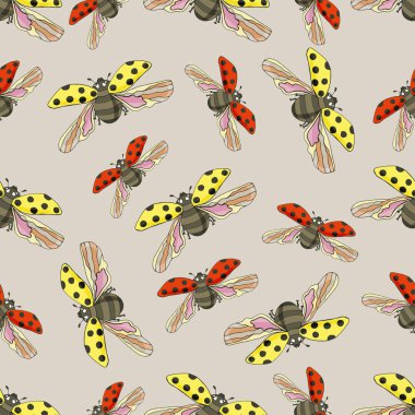 Bej arka planda uğur böcekleri ile dikişsiz desen