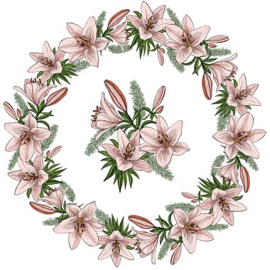 Beyaz arka planda lilyum çiçekli ihale ile çiçek yaz elemanları