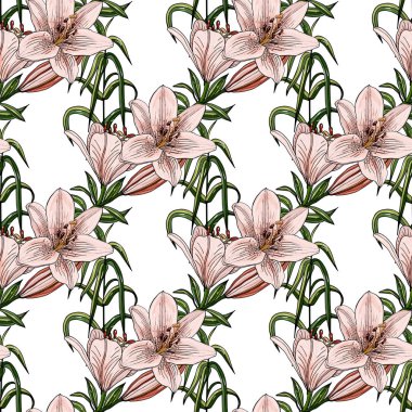 Beyaz arka planda lilyum renkli buketleri ile Dikişsiz desen 