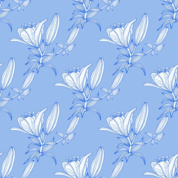 Nahtloses Muster Mit Blühenden Zarten Lilien Auf Pastellblauem Hintergrund — Stockvektor