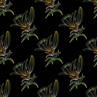 Siyah arka plan üzerinde çiçek açan ihale zambaklar ile dikişsiz desen