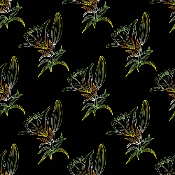 Бесшовный Рисунок Цветущими Нежными Лилиями Черном Фоне — стоковый вектор