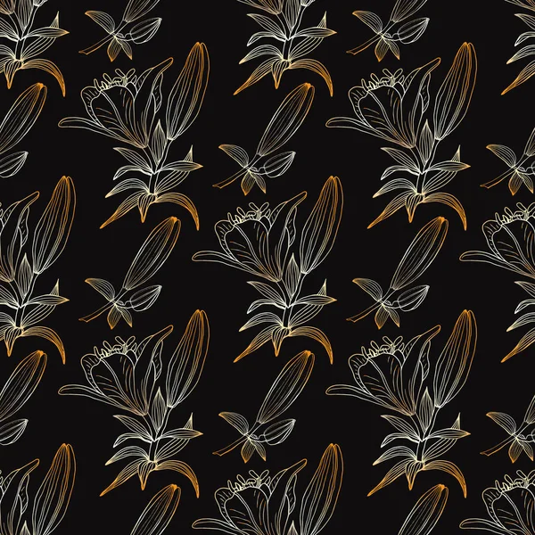 Безшовний Візерунок Квітучими Ніжними Ліліями Чорному Тлі — стоковий вектор