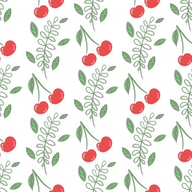 Kirazlı ve yeşil yapraklı kusursuz desen.