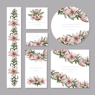 Sevimli pembe zambaklar ve yaprakları ile Çiçek yaz şablonları.