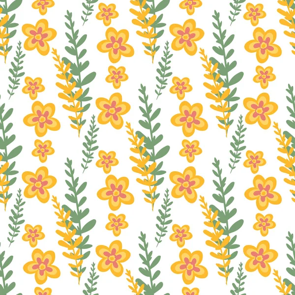 Fondo sin costura floral con hierbas y flores amarillas sobre un fondo blanco . — Vector de stock