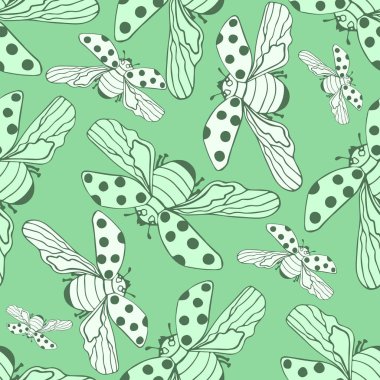 Sevimli yeşil ve beyaz uğur böcekleri ile dikişsiz dekoratif desen.