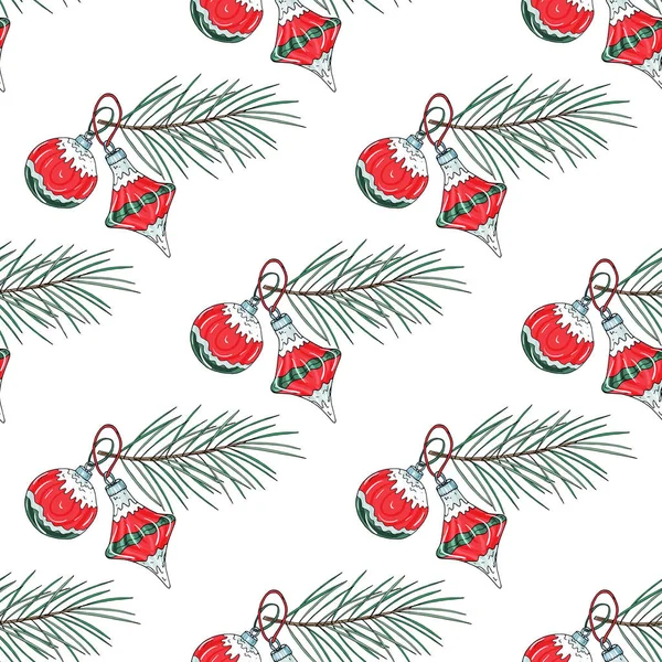 圣诞装饰图案与杉木树枝和圣诞玩具. — 图库矢量图片