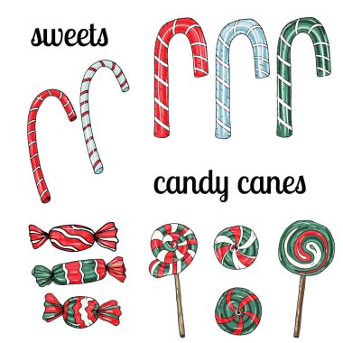 Farklı tatiller için el çizilmiş şeker kamışı büyük bir set.