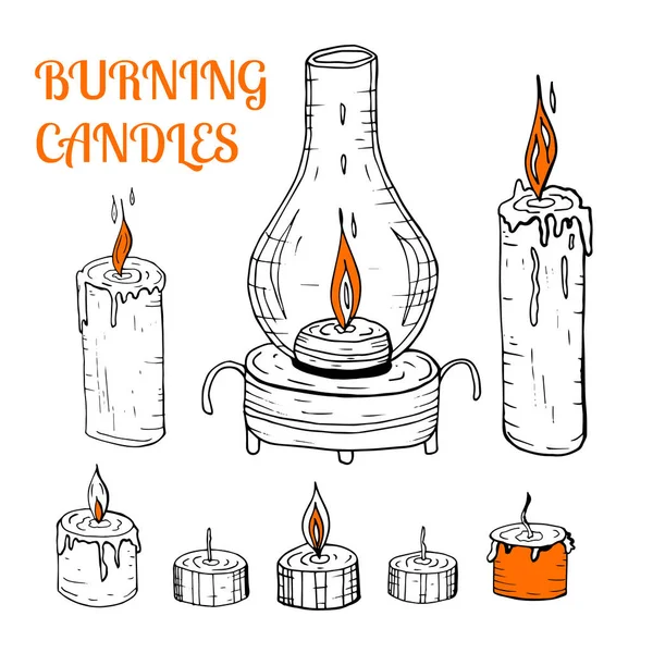 Um jogo de velas desenhadas à mão e lâmpada de férias diferentes de decoração - Natal, Halloween, Aniversário . —  Vetores de Stock