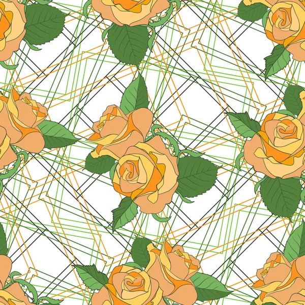 Бесшовный узор с желтыми розами на белом фоне геометрии . — стоковый вектор