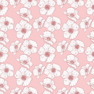 Pembe arka plan üzerinde yabani güller ile Çiçek dikişsiz arka plan. Tasarım için sonsuz doku.