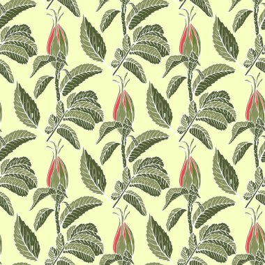 Açık sarı arka plan üzerinde izole kuşburnu ve yeşil yaprakları tomurcukları ile Dikişsiz desen. Vektör çizimi.
