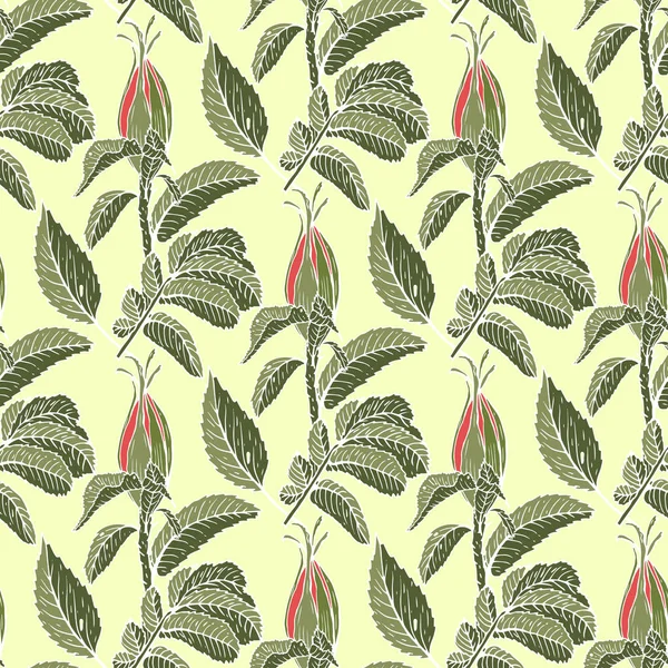Açık sarı arka plan üzerinde izole kuşburnu ve yeşil yaprakları tomurcukları ile Dikişsiz desen. Vektör çizimi.
