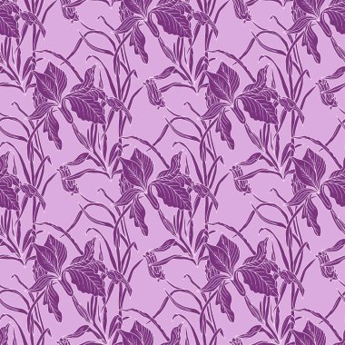 Süsen çiçekleri ve açık mor yaprakları olan kusursuz bir arka plan. Mor arkaplan.