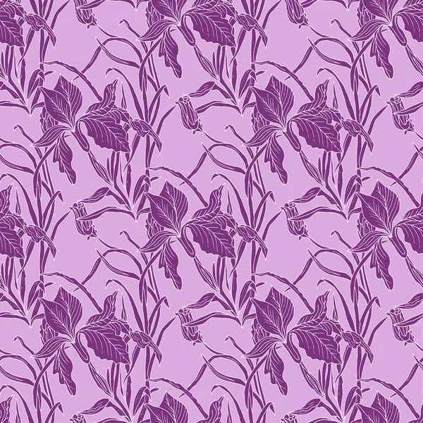 Fundo sem costura com íris e folhas em roxo claro. Fundo roxo . — Vetor de Stock