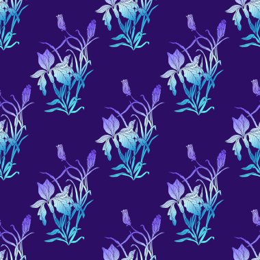 Süsen çiçekleri ve yaprakları karanlıkta kusursuz bir arka plan. Mor arkaplan.