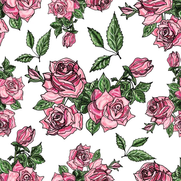 분홍빛 장미와 잎으로 화려 한 꽃다발을 이루는 솔기없는 무늬. — 스톡 벡터