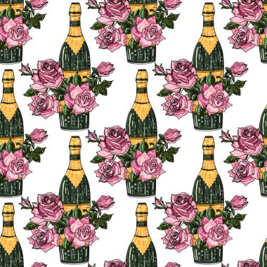 Pembe gül buketleri ve şarap şişeleriyle kusursuz bir desen..