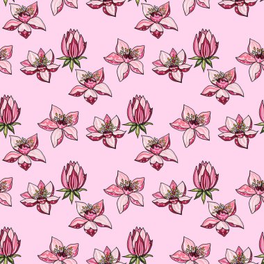 Pembe elma çiçekleri ve pembe yapraklarla kusursuz bir arka plan..