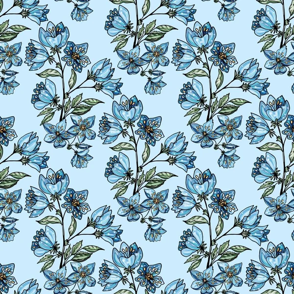 Nahtloser Hintergrund mit blauen Apfelblüten und Blättern auf hellblau. — Stockvektor