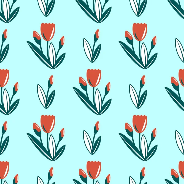 Blumen nahtlosen Hintergrund mit stilisierten roten Tulpen auf dem türkisfarbenen Hintergrund. — Stockvektor