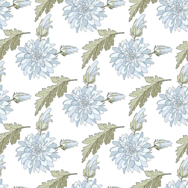 Seamless pattern with white chrysanthemums and leaves. — 스톡 벡터