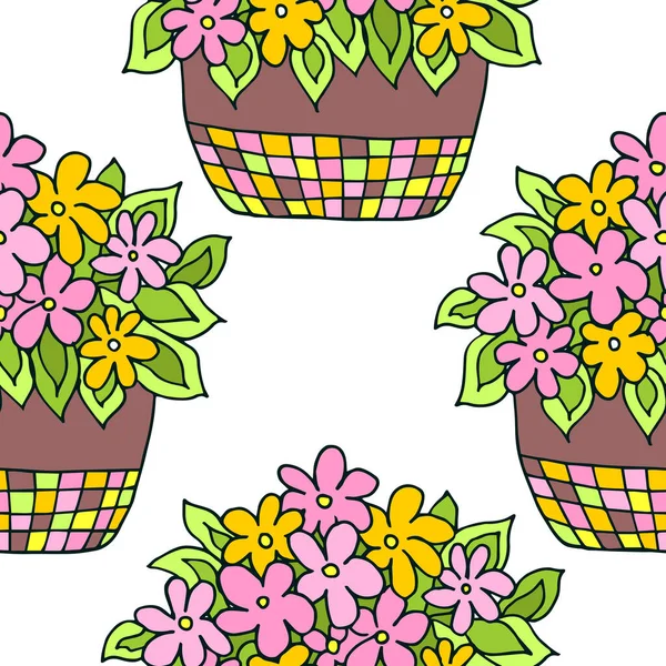 Nahtloses Muster mit niedlichen handgezeichneten Blumenpflanzen in Töpfen. Gekritzelter Vektor helle Illustration Haus Pflanzen. — Stockvektor