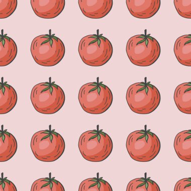 Elle çizilmiş domateslerle kusursuz desen. Mutfağınız için hafif bir arka plan. Sebze geçmişi. Organik yiyecekler.