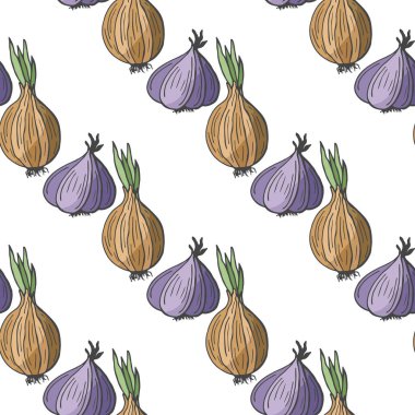 Elle çizilmiş soğan ve sarımsaklı kusursuz desen. Mutfağınız için hafif bir arka plan. Sebze geçmişi. Organik yiyecekler.