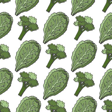 Elle çizilmiş brokoli ve yeşil salata ile kusursuz desen. Mutfağınız için hafif bir arka plan. Sebze geçmişi. Organik yiyecekler.